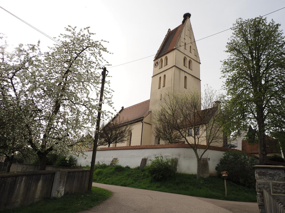 Kirche Haselbach umgeben von blühenden Bäumen und einer ländlichen Umgebung.